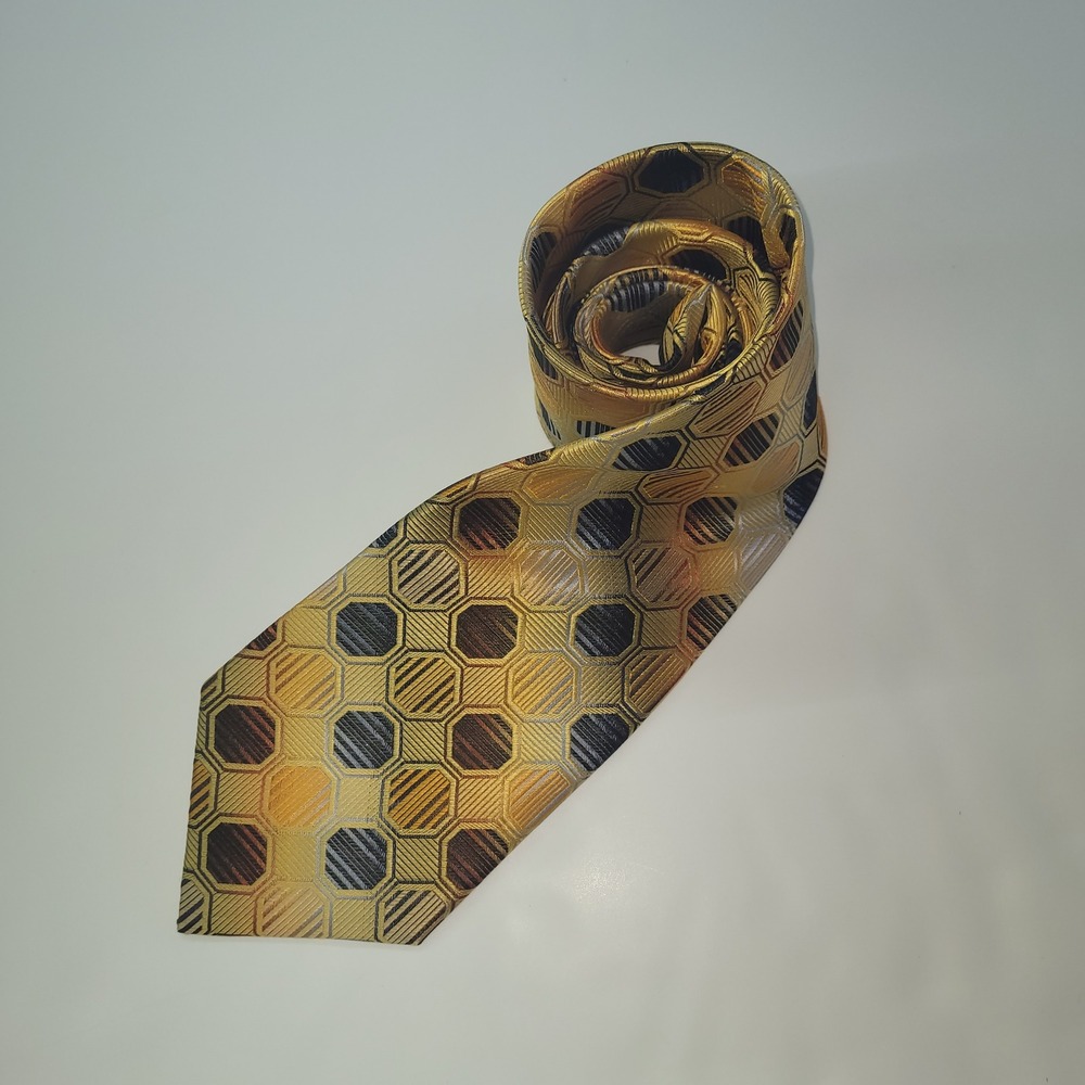 BELISI‎ 100% Silk Necktie Gold Brown Geometric Hexagon Pattern Repp Tie Preppy